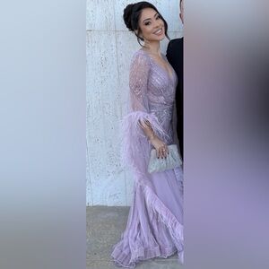 Lavender Feather-Trim Embellished Evening Gown